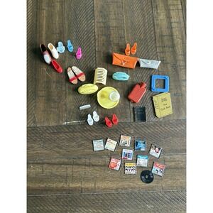 1960's Vintage Barbie Accessories Lot Shoes Telephone Purses Albums Dishes Misc